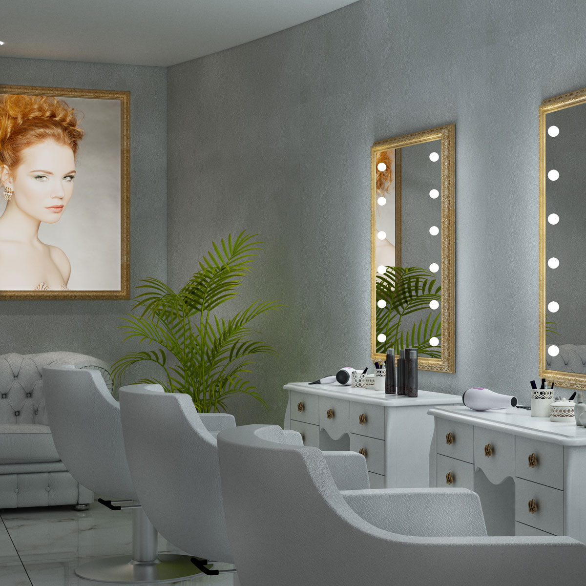 Hair salon mirrors and furniture