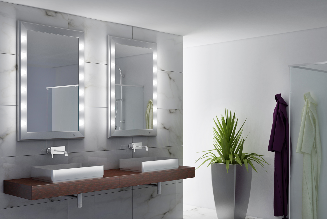 specchio rettangolare verticale con luci integrate nella cornice in alluminio personalizzata per  per bagno con doppio lavandino, marmo stile minimal bianco legno