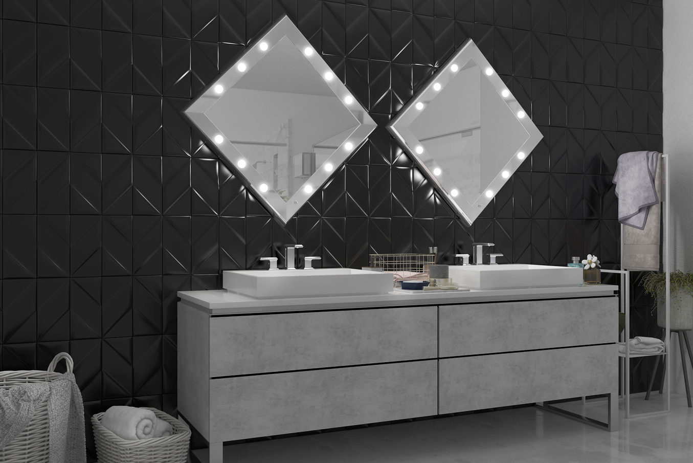 specchio quadrato rombo con illuminazione integrata nella cornice in alluminio personalizzata per bagno con doppio lavandino, marmo stile minimal bianco nero