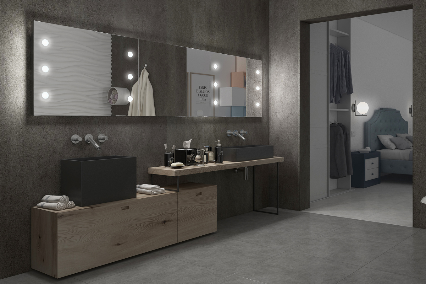 specchio rettangolare grande con luci integrate regolabili per bagno con doppio lavandino stile industriale legno nero