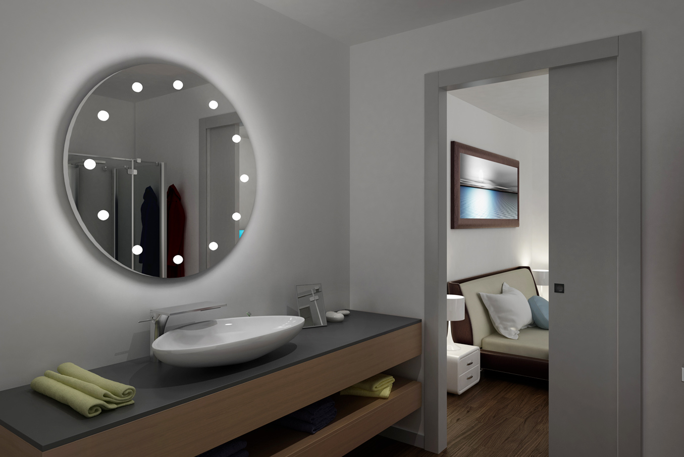 specchio bagno con luci rotondo da parete design legno stile moderno