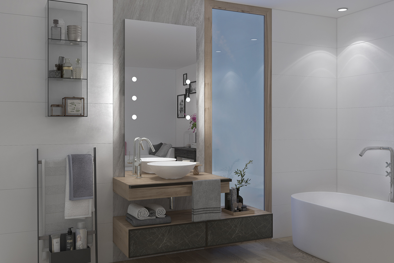 vertical rectangular frameless illuminated wall mirror for small bathroom, minimal modern wooden interior design