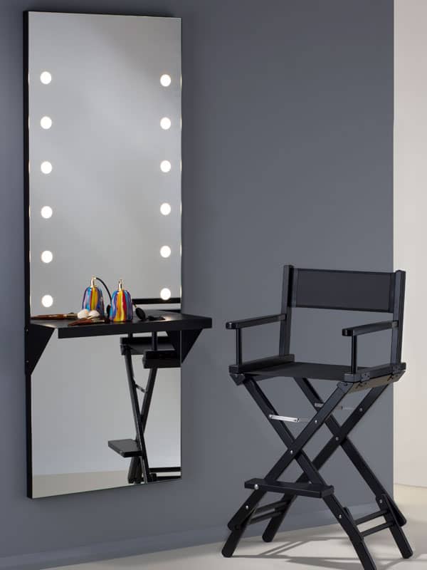 black vanity mirror with shelf