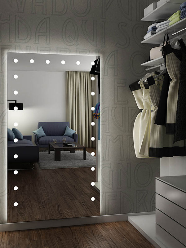 Full body mirror with lights in walk-in closet