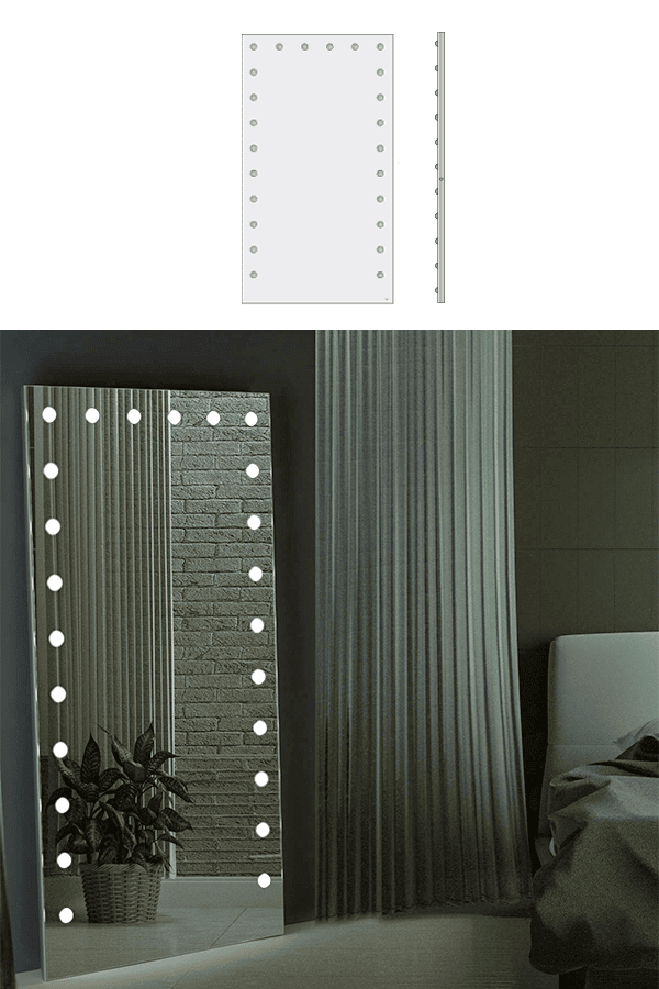 Grande specchio verticale da parete con luci led in camera da letto