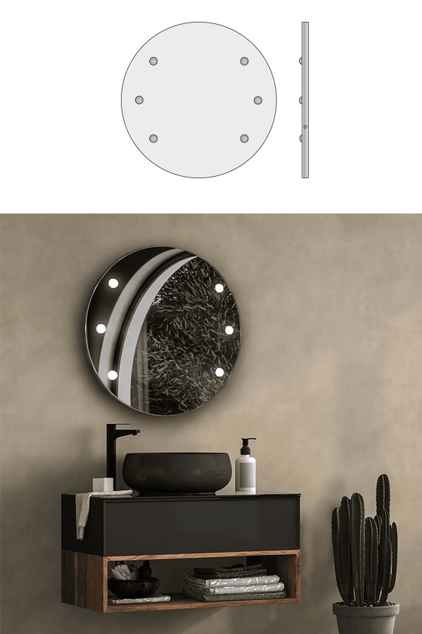 Specchio rotondo bagno con 6 luci, diametro 80 cm